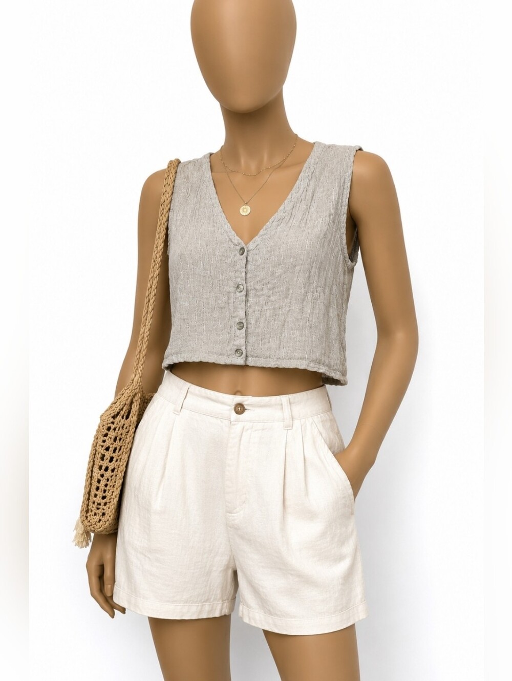 Tahari 100% Linen V-Neck Button Front Crop Vest Top Grey White XS - Picture 3 of 11